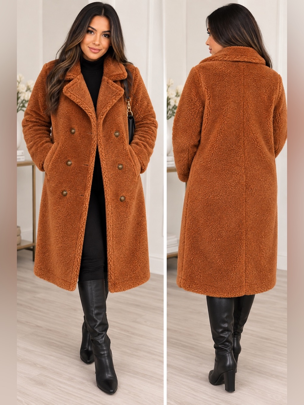 New York & Company Rust Teddy Faux Sherpa Double-Breasted Coat L/XL